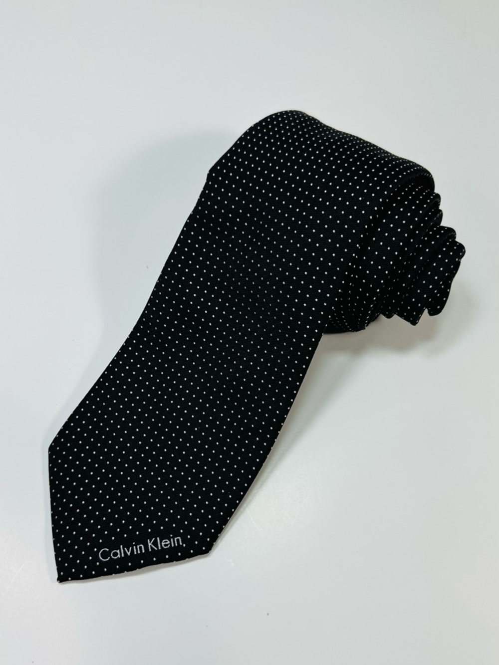 100% Silk Calvin Klein Black Silk Tie with Tiny White Dots Made in Italy